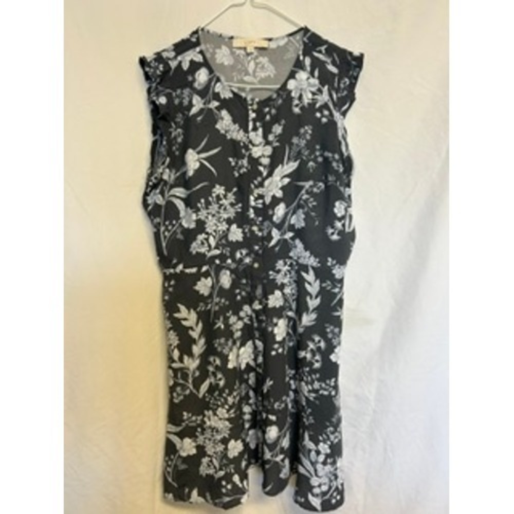 LOFT Women White Gray Floral Ruffle Sleeve Button Front Fit Flare Dress Size 16
